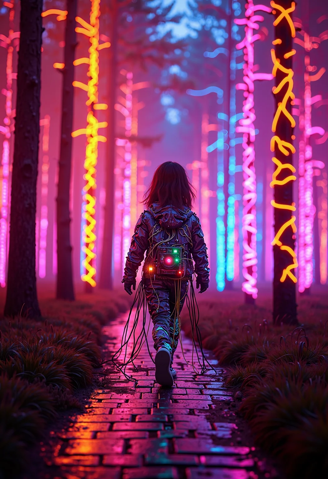 photorealistic, UHD, shot on a Sony A7III, realistic, hyper-realistic photography, soft lighting, heavy shadow. subsurface scattering, ray-tracing, volumetric lighting
Entire image in the color scheme of (ombre:1.5): neon pink, neon orange, neon purple, neon blue, white and black
mildly foggy enviroment.
A female walking through a forest made of (shiny:1.05) (reflective:1.15) (chrome:1.35) (metal_trees:1.6), the path she walks on are (made of glowing bricks,:1.15) small translucent holographic mushrooms on the ground dot the landscape. In the very far distance at the end of the path a gloomy flow like something burning awaits her discovery.
Her (neon and white colored:1.05) (full length:1.4) (lace dress:1.15) is a made from an array of (wires:1.25), (fiber optic glass filaments:1.15) and cords and that glow with neon bright lights. She wears (mary jane shoes:1.05) and (short white socks:1.05).
aesthetics feel like Alice in Wonderland meet Wizard of Oz
