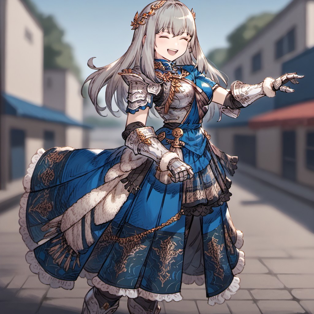 1girl, solo,   wezette_gloves,wool gloves, long hair, leather armor, grey hair, skirt,kilt, hair between eyes, closed eyes, wezetteglaciela, open dress, nose,open mouth, smile, grey eyes, from side, looking at viewer,portrait, gauntlets, armored dress, breastplate, standing, outdoors,streets