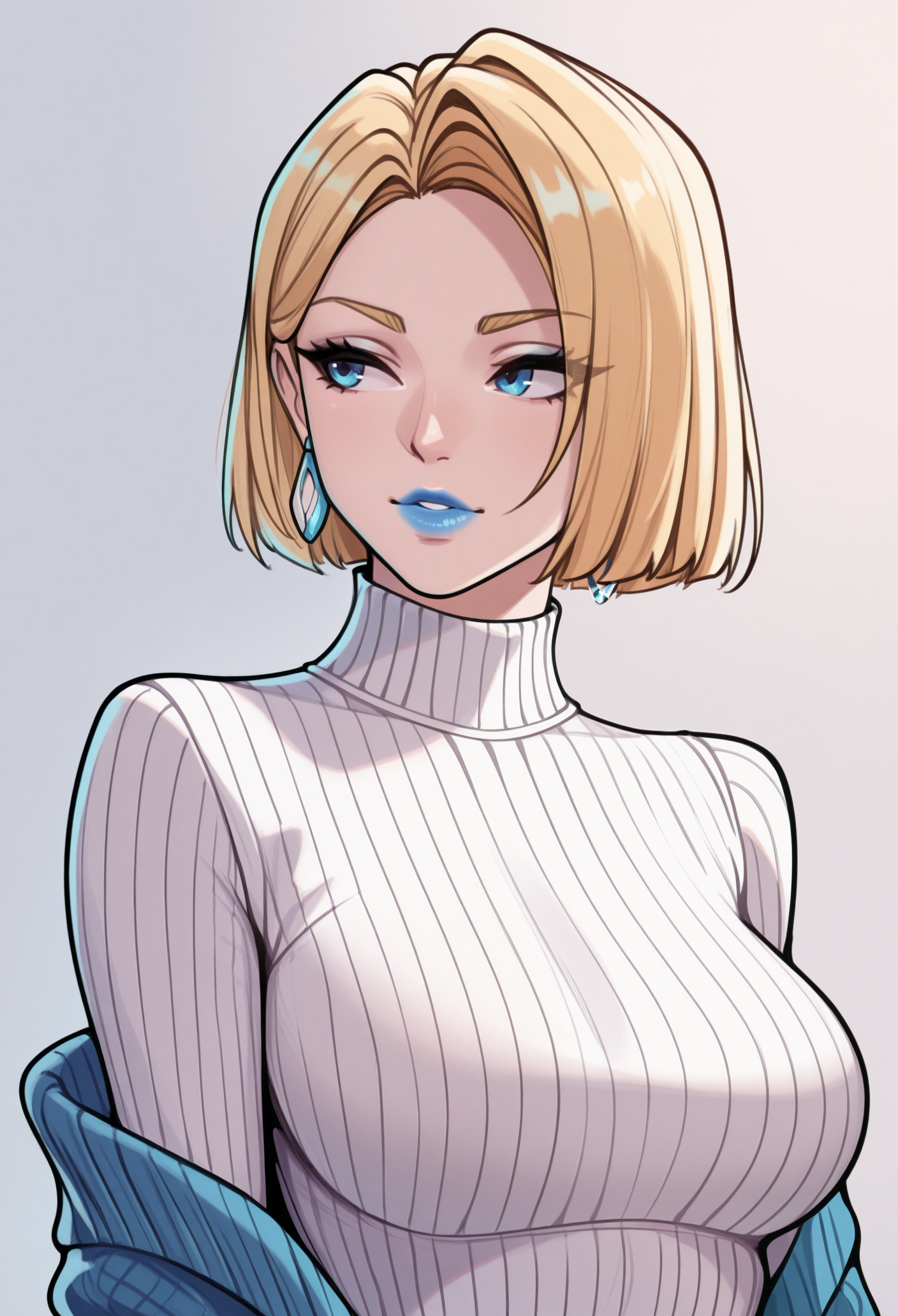 1girl, solo, sweater, looking to the side, 
blonde hair, short hair, blue eyes, earrings, blue lips, 
masterpiece, best quality, <lora:emmafrostMR-guy90-Illust-LoraV1:1>, tsinne