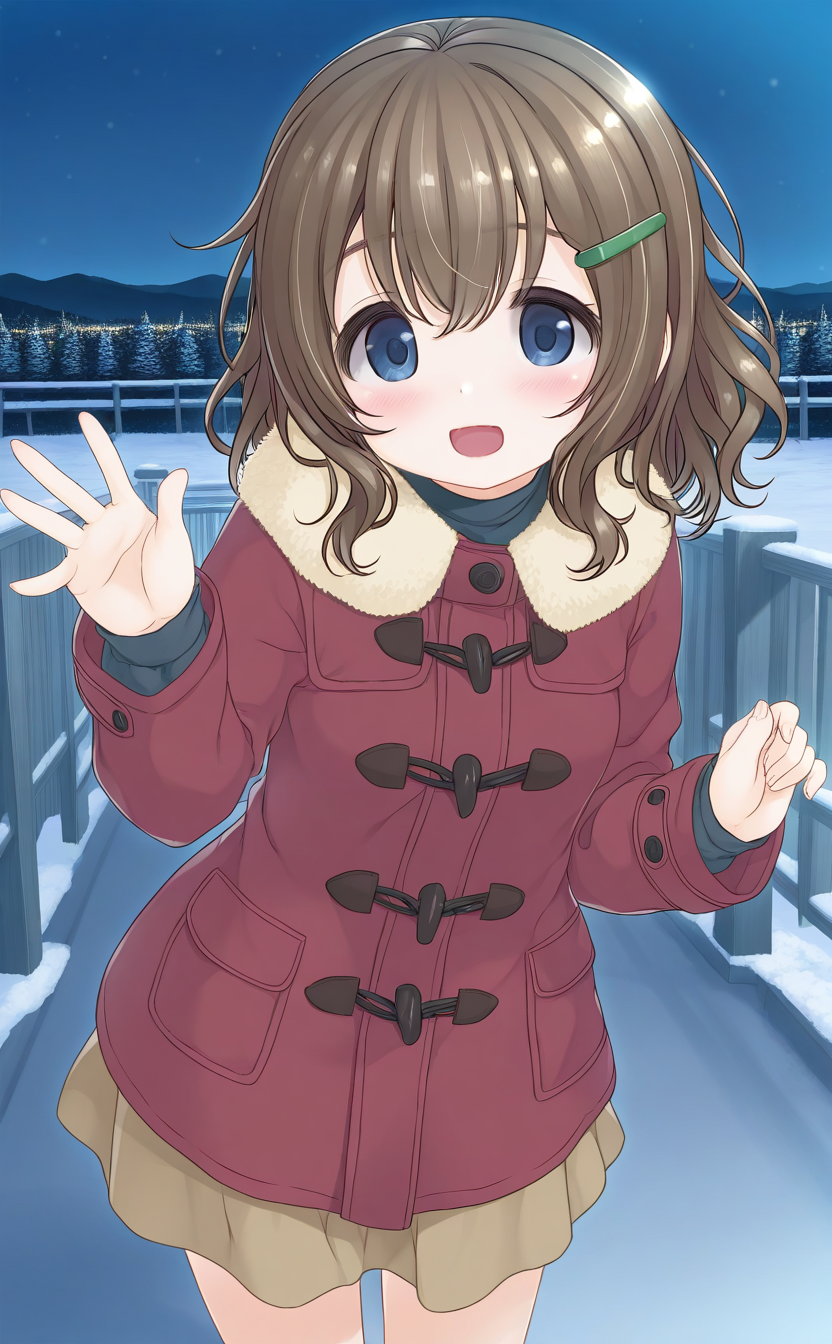 general,highres, ultra-detailed,very aesthetic,best quality ,best hands,  BREAK <lora:Fukami_Nonoka_IS:1> FukamiNonoka, 1girl,solo, bangs, medium hair, brown hair, hairclip, blue eyes, smile, open mouth,
red coat, looking at viewer, skirt, long sleeves, fur trim, winter clothes