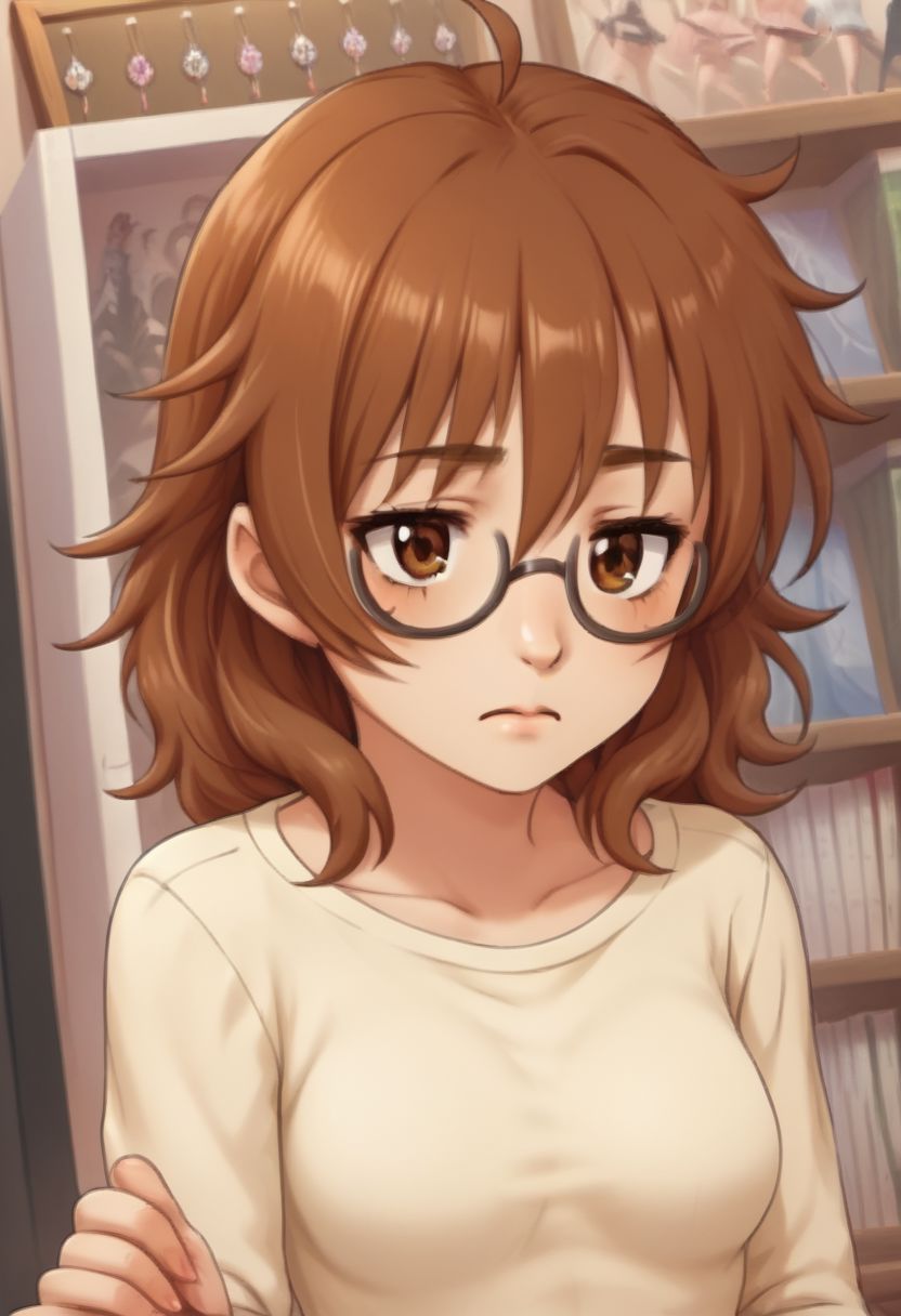 score_9, score_8_up, score_7_up, BREAK, source_anime, ARAKI HINA BROWN HAIR, MEDIUM HAIR, BROWN EYES, MESSY HAIR, BIG HAIR, FLIPPED HAIR, TIRED HAIR, AHOGE, JITOME, MEDIUM BREASTS, j0j0styl3