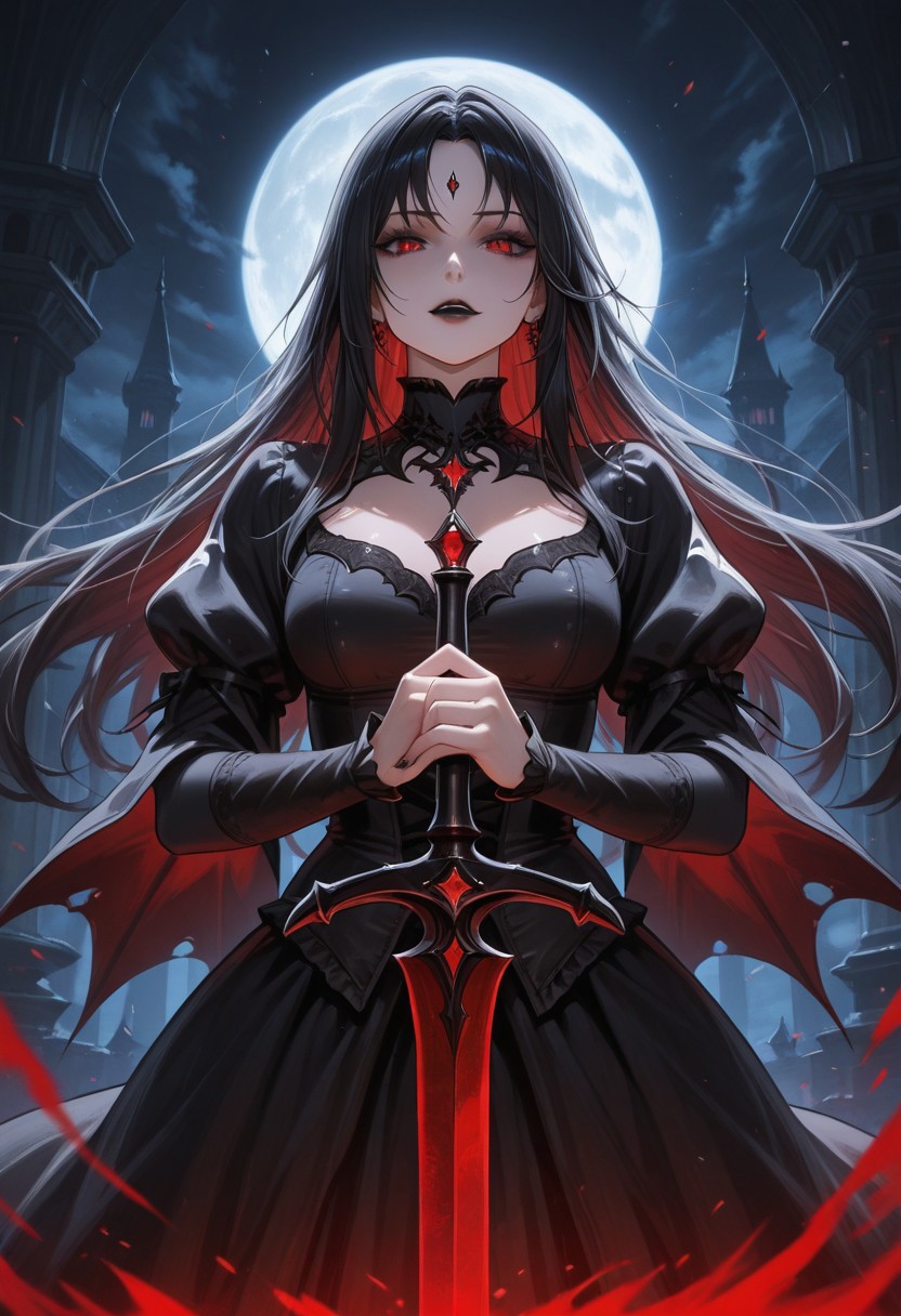 A beautiful vampire woman with black hair and red eyes, holding a sword in her hands, in the style of fantasy art. This digital painting features a full-body portrait with a fantasy background, in a dark gothic theme. The detailed face and sharp focus create a captivating dark fantasy setting