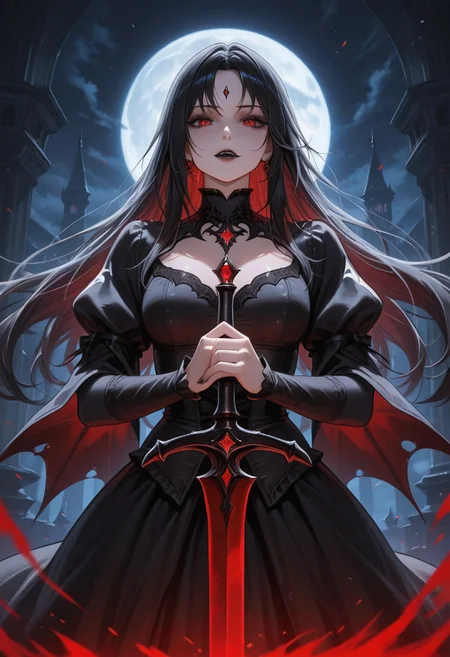 A beautiful vampire woman with black hair and red eyes, holding a sword in her hands, in the style of fantasy art. This digital painting features a full-body portrait with a fantasy background, in a dark gothic theme. The detailed face and sharp focus create a captivating dark fantasy setting