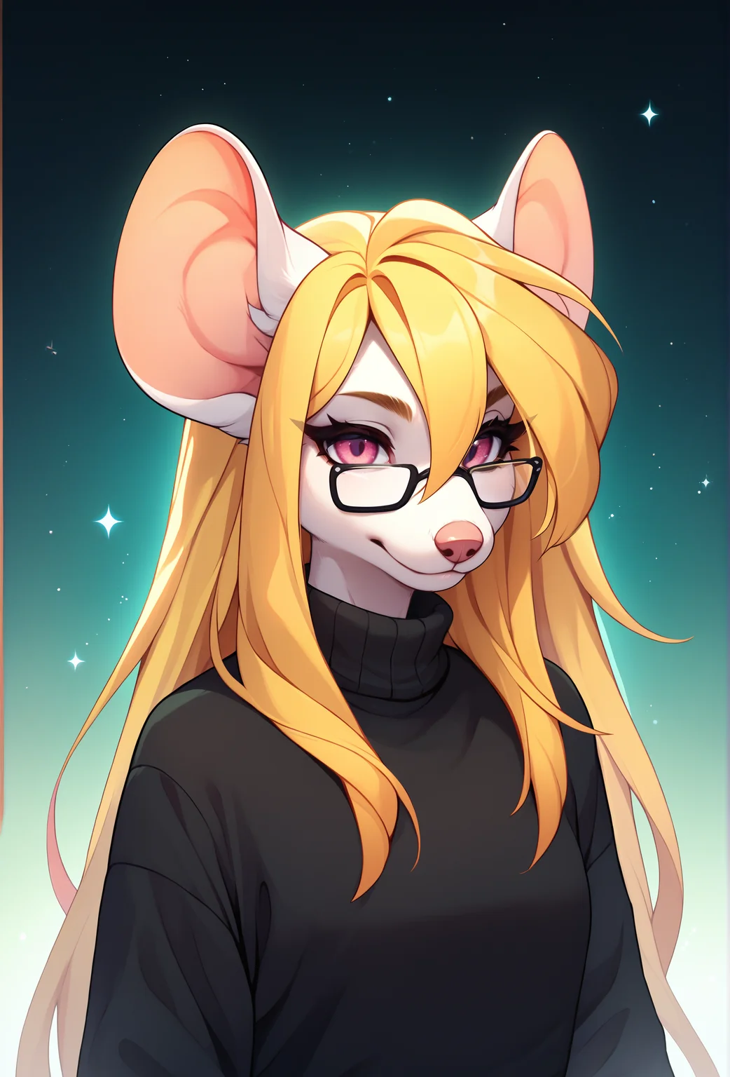 score_9, score_8_up, score_7_up, score_6_up, score_5_up, score_4_up, <lora:fluffkevlar_style_ponyXL_v1:1.0>,
1girl, furry, mouse, glasses, rating_safe, white fur, yellow hair, long hair, pink eyes