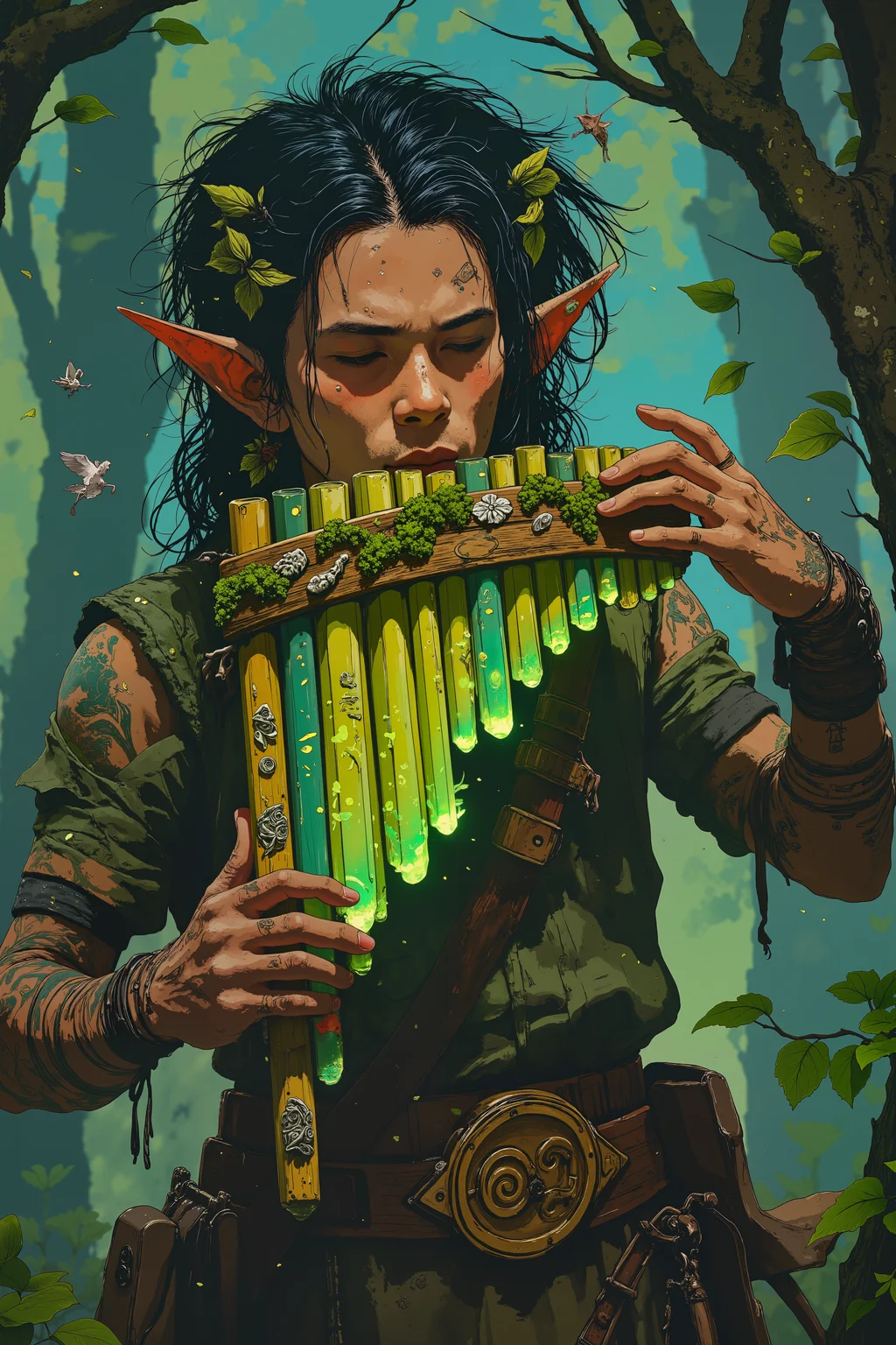 A wood elf warrior with intricate vine tattoos plays a panflute carved from the branch of an ancient forest spirit. Silver leaves are embedded along its length, each glowing with soft green light. The panflute's pipes are made from different colors of crystal, ranging from deep emerald to pale jade. Bioluminescent moss grows naturally between the pipes, pulsing softly with each note. Small woodland spirits made of mist and leaves dance around the musician's feet. , detailed background Fantastic lighting. Detailed shadows.intricate details, vivid colors, hyper-detailed, ultra-sharp, <lora:PANFLUTE_FLUX>, ,in the style of cksc,anime, cyberpunk, DB4RZ, DB4RZ style painting <lora:CPA:0.5><lora:FLUX-daubrez-DB4RZ:0.3><lora:Luminous_Shadowscape-000016:0.3><lora:ck-shadow-circuit-000021:0.35>