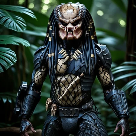 Predator1024, full body, hidden in the jungle, detailed eyes, highly detailed, photography, ultra sharp, film, bokeh, professional, 4k <lora:add-detail-xl:1.5> <lora:Predator1024-000280:0.6>