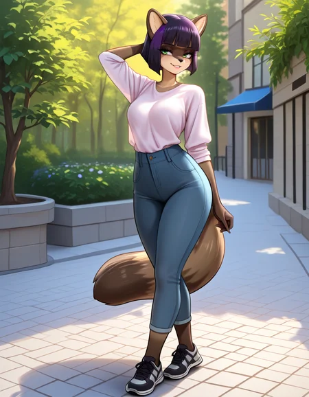 masterpiece, best quality, very aesthetic, absurdres,
outdoors, casual, 
full body, posing, 
seductive smile, parted lips, long eyelashes,
 <lora:Ena_v01_NAIXL:1>
3n4,1girl,solo,furry,furry female,raccoon girl,racoon ears,short hair,black hair,purple hair,blunt bangs,bob cut,green eyes,snout,animal nose,body fur,two-tone fur,racoon tail,