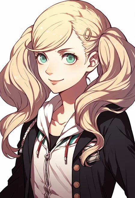 score_9, score_8_up, score_7_up, source_anime, 1girl, smile, <lora:zs_FE3HPortraitsXL:1> fe3hportraits, upper body, white background, <lora:AnnP5-pdxl:1> defAnn, twintails, hairclip, school uniform, black jacket, open jacket, white hoodie
