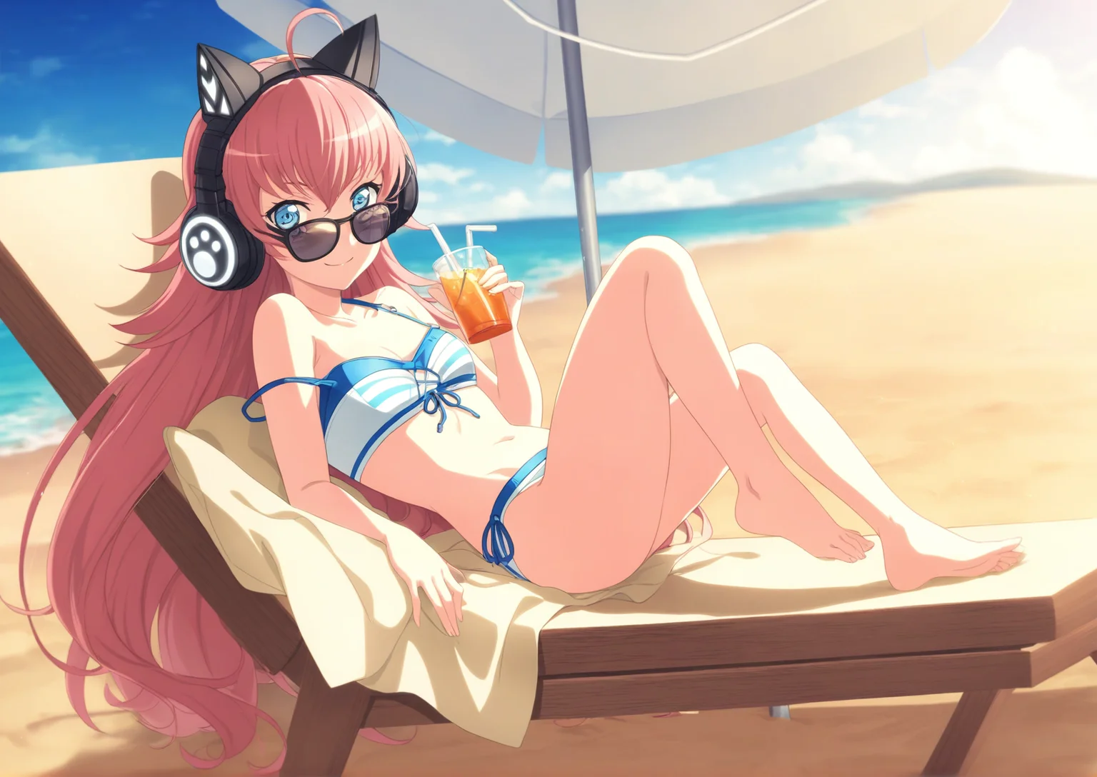 masterpiece,masterpiece,best quality,newest,highres,absurdres,source_anime,small breasts,tamade chiyu,NORMAL,
1girl,cat ear headphones,solo,long hair,headphones,blue and white stripe bikini,beach background,sand,sunglasses,beach umbrella,medium breasts,ahoge,blue eyes,very long hair,smile,looking at viewer,drinking a cup of juice,lying on a sand bench,off shoulder,pink hair,beach,full body
<lora:Tamade_chiyuNoob:1>,