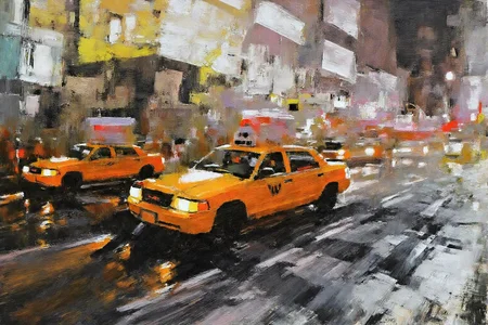 marklague1 painting.
A city street scene at night, with various bright colors. An orange taxi is prominently in the foreground, while other cars and abstract buildings are in the background. The colors include oranges, yellows, whites, blacks, and grays. <lora:marklague1_cap_d8a4e12:1.0><lora:855114844154639012:0>