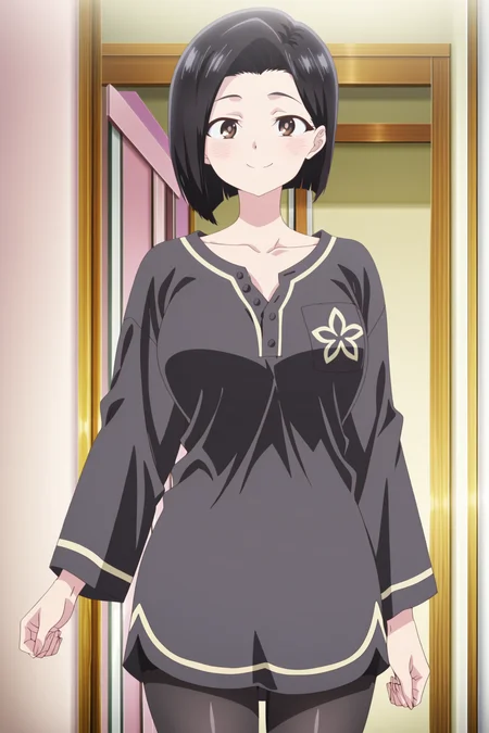anime coloring, anime screencap, masterpiece, best quality, amazing quality,
 <lora:Sanae_Yamada_The_Dangers_in_My_Heart_-_Illustrious_V2:1>
anime screencap, anime coloring, detailed face,
1girl, solo, black hair, short hair, bob cut, collarbone, large breasts,
Sanae pajama outfit, black shirt, pajamas, black pantyhose, in a house, looking at the viewer, sexy smile, cowboy shot