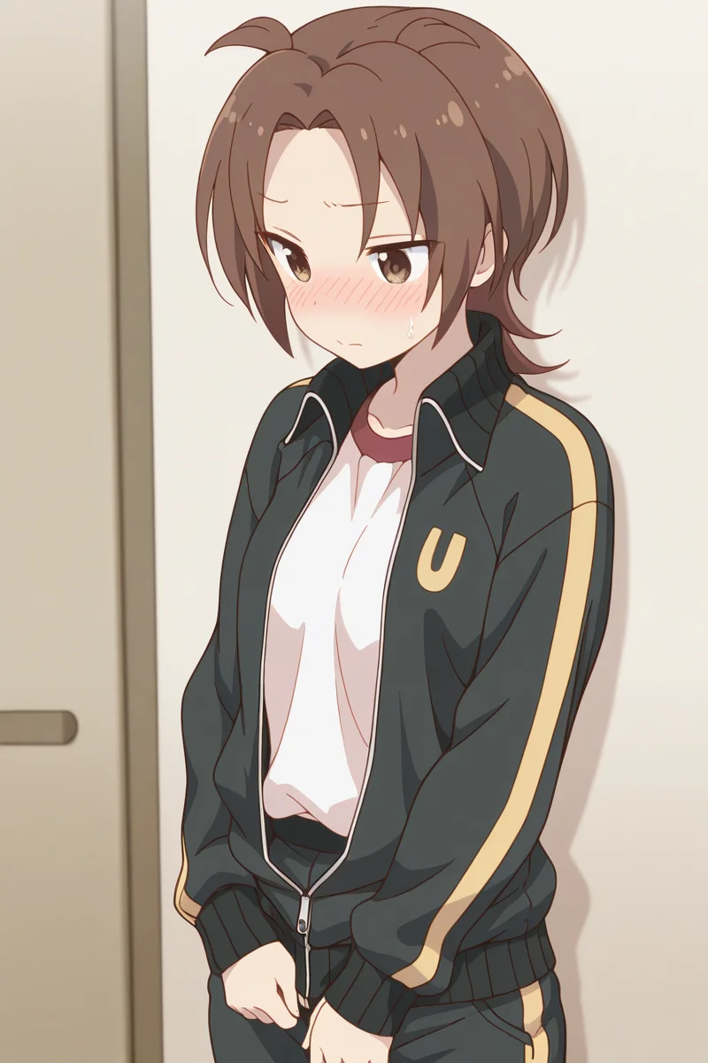 masterpiece, best quality, amazing quality,
<lora:Yuzu_IL:1> yuzu, brown hair, solo, jacket, brown eyes, track jacket, open jacket, track suit, blush, shirt, pants, black jacket