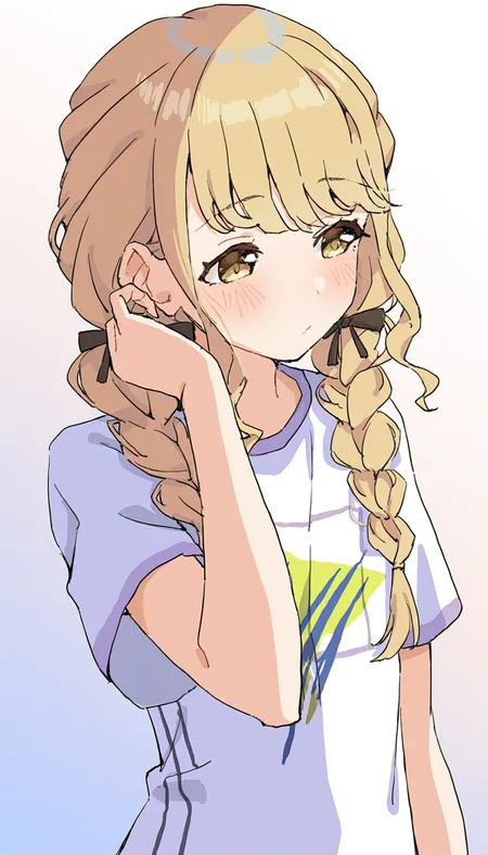 fujita kotone \(track\), 1girl, solo, blonde hair, twin braids, shirt, long hair, t-shirt, hair tucking, yellow eyes, short sleeves, upper body, white shirt, blush, bow, hair bow, gradient background, low twintails, very awa,masterpiece,best quality,highres,newest <lora:kotonev4-000008:1>
