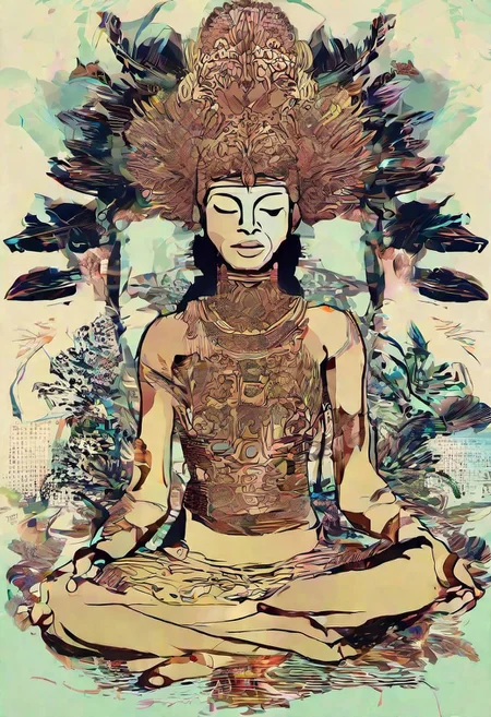v0ng44g sk3tch, drawing, prehistorical indonesia, a young woman sitting in a meditating pose, crowned with fern leaf, organic headdress composition, in a tropical jungle, intricate hyperdetailed symmetry, dramatic top lighting, glitch effect, mandala