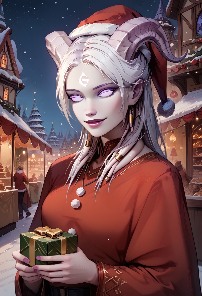 (absurdres, best quality, masterpiece:1.4), score_9, score_8_up, score_7_up, score_6_up, detailed, detailed body, detailed face, 
culDraenei, purple eyes, no sclera, no pupils, long ears,
Santa_Dress, Santa Hat, 
upper body, soft smile, holding a present, 
outdoors, fantasy market background, market stalls, food, snow, sunshine