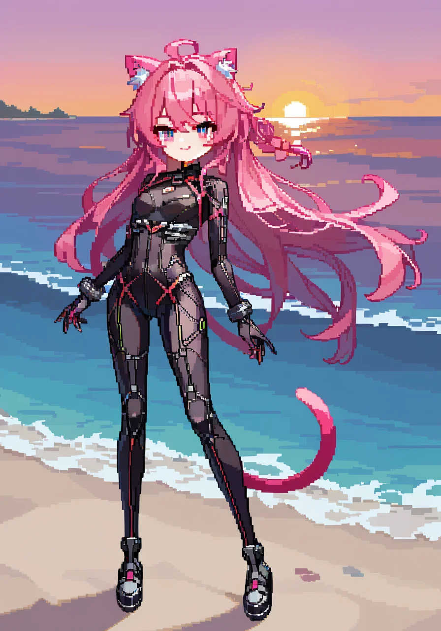 (1girl:1.2),best quality,amazing quality,very aesthetic,absurdres,official art,intricate details,hyperdetailed,BRAKE,
pixel_art,cat ears,<lora:Pixel_ArtPony:0.75>,pink hair,bodysuit,full body,(sunset background),beach,naughty smile,:3,