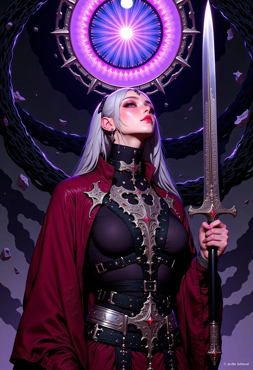 This is a vibrant, highly detailed, hyper-realistic, stylized digital illustration of a striking woman with an athletic, slender physique and fair skin. Her long, straight silver hair is adorned with a jet-black headband featuring intricate chrome and crimson designs. Her piercing amber eyes and full, obsidian-black lips enhance her captivating presence. She wears a sleek, deep burgundy kimono with an elaborate silver flame pattern, its wide metallic chrome sash cinching her waist, fusing tradition with futuristic aesthetics. Underneath, she wears a fitted dark gray turtleneck that fully covers her torso. A glossy, black steel harness crosses her chest, securing a curved dagger. She accessorizes with a chrome choker, ruby drop earrings, fingerless gloves with metallic accents, and a silver belt holding a sheathed cybernetic katana at her back. The polished blade gleams in her right hand, its edge emitting a soft red glow. The background transforms into a surreal, psychedelic dreamscape, centered around a glowing mechanical eye with a striking violet iris encased in a gradient ring shifting from electric cyan to deep magenta. Chrome ornaments float within the scene, reflecting distorted fragments of neon light. Black and platinum wavy lines radiate outward, forming a hypnotic vortex-like illusion that pulls the viewer into its mesmerizing, otherworldly depth.