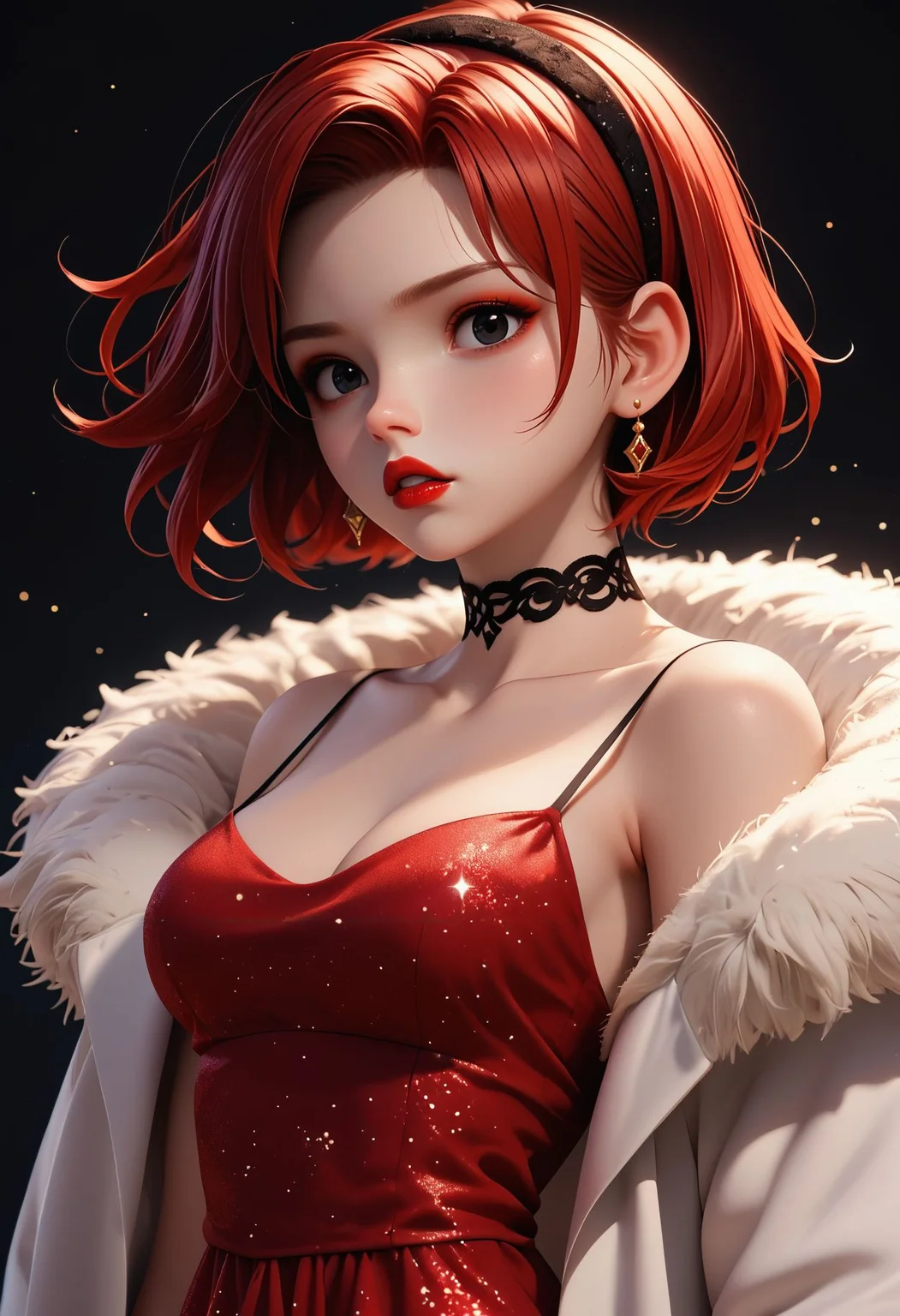 score_9,score_8_up,score_7_up, <lora:3d_render_pdxl_goofy:1>3d render, 1girl, alternate costume, artist name, bare shoulders, black background, black choker, black eyes, black gloves, black hairband, breasts, choker, cleavage, coat, collarbone, cowboy shot, dark background, dress, earrings, elbow gloves, fur coat, glitter dress, gloves, gradient background, hairband, hand up, jewelry, light particles, lipstick, looking at viewer, low neckline, makeup, medium breasts, off shoulder, parted lips, red dress, red hair, red lips, short hair, simple background, solo, spaghetti strap, sparkle, standing, white coat