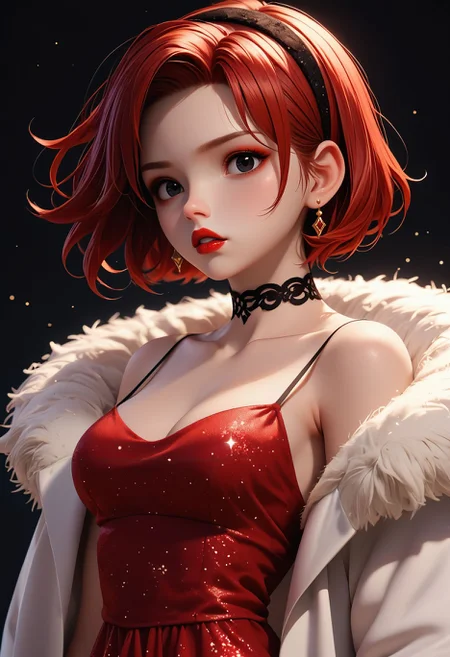 score_9,score_8_up,score_7_up, <lora:3d_render_pdxl_goofy:1>3d render, 1girl, alternate costume, artist name, bare shoulders, black background, black choker, black eyes, black gloves, black hairband, breasts, choker, cleavage, coat, collarbone, cowboy shot, dark background, dress, earrings, elbow gloves, fur coat, glitter dress, gloves, gradient background, hairband, hand up, jewelry, light particles, lipstick, looking at viewer, low neckline, makeup, medium breasts, off shoulder, parted lips, red dress, red hair, red lips, short hair, simple background, solo, spaghetti strap, sparkle, standing, white coat