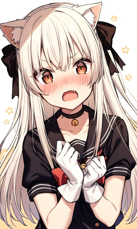 1girl, sensitive, long hair, blush, open mouth, gloves, bow, animal ears, brown eyes, white hair, hair bow, fang, cat ears, sailor collar, black bow