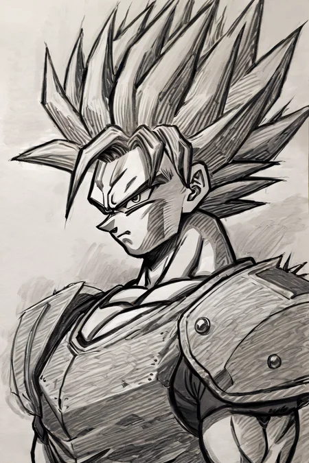 ((masterpiece, best quality)), (Pencil_Sketch:1.2, messy lines, greyscale, traditional media, sketch), unfinished, hatching (texture), solo, scifi armor, looking at viewer, simple background, 1boy, closed mouth, upper body, male focus, energy, muscular, frown, spiked hair, serious, dougi, saiyan,<lora:Anime_Sketch_SDXL:0.800000>