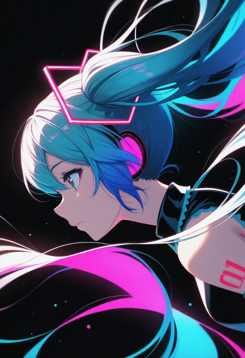 silhouette character, black ink, neon colors, colors splash effect, flowing hair, Masterpiece, clean lines, sharp, focused subject, minimalistic composition, side view, upper body view. blue and pink neon lights, black background, futuristic, Hatsune Miku, dynamic motion, dynamic angle, vibrant colour