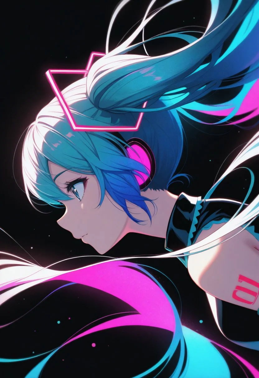 silhouette character, black ink, neon colors, colors splash effect, flowing hair, Masterpiece, clean lines, sharp, focused subject, minimalistic composition, side view, upper body view. blue and pink neon lights, black background, futuristic, Hatsune Miku, dynamic motion, dynamic angle, vibrant colour