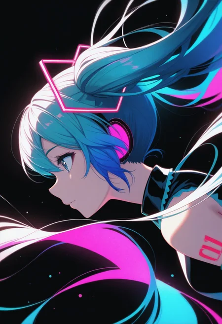 silhouette character, black ink, neon colors, colors splash effect, flowing hair, Masterpiece, clean lines, sharp, focused subject, minimalistic composition, side view, upper body view. blue and pink neon lights, black background, futuristic, Hatsune Miku, dynamic motion, dynamic angle, vibrant colour
