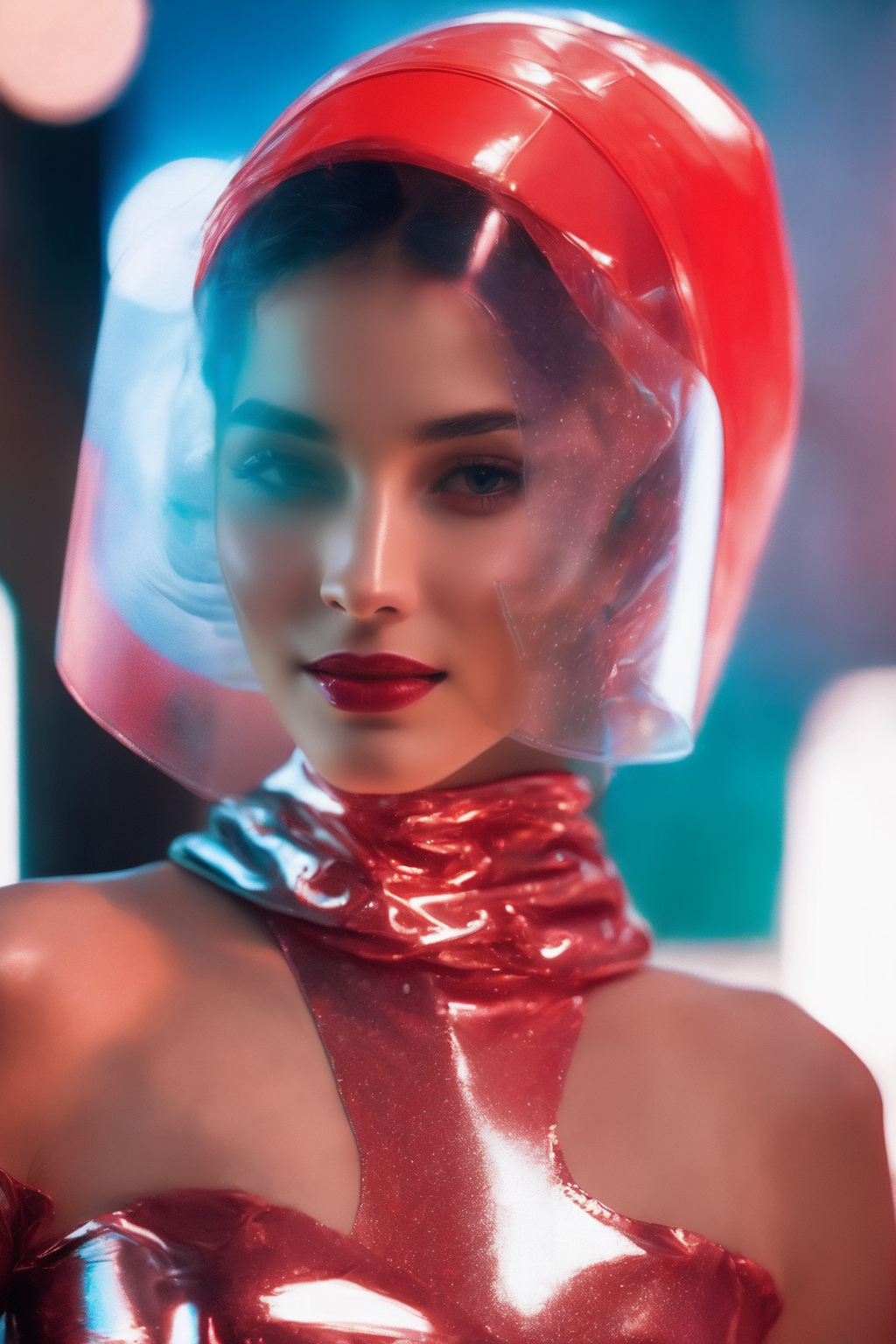 ((Masterpiece, best quality)),photography, detailed skin, realistic, photo-realistic, 8k, highly detailed, full length frame, High detail RAW color art, diffused soft lighting, shallow depth of field, sharp focus, hyperrealism, cinematic lighting,smiling,
a woman in a shiny metallic dress,latex gloves, and red [futuristic headpiece|visor] ,wearing edgFut_clothing, neons, electric circuits, ((mask))
 <lora:edgFuturisticXL:0.9>