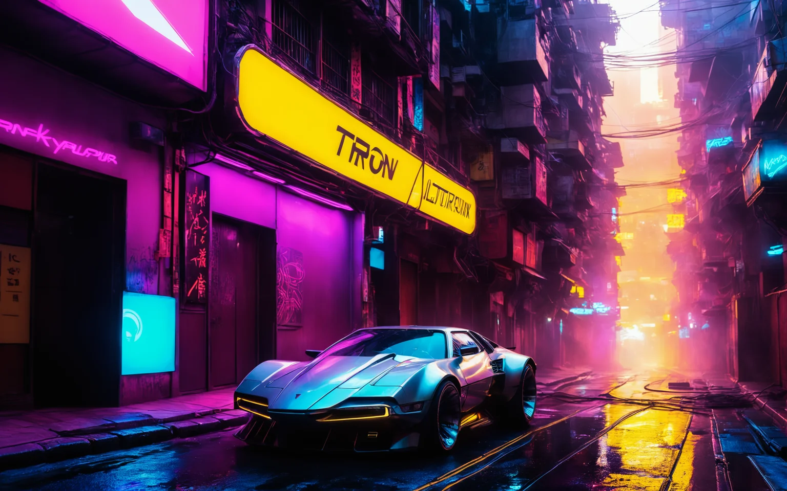 a scifi futuristic concept cyberpunk sportscar, (TRON rider:1), curvy and aerodynamic, Kowloon walled city narrow winding alleyway, light speed, flash, heavy rain, motion trail, a shining star(sun) in the background, (speed lines:1.1), at sunset, (motion blur:1.1), high contrast, deep focus, TRON, style by Ridley Scott, Cyberpunk 2077, Bladerunner, fog, mist, epic visual effects, arc lightning, underglow, interstellar, flow, detailed, scifi, extremely detailed textures, star blast, dark vibrant colors, cosmic art, stars in background, headlights, cinematic scene, lens flare, cinematic color grading, film still, god rays, glow, art of Doug Chiang and John Park glowneon, fuji cinestill, light leak, glowing, sparks, lightning, ultra detailed <lora:add-detail-xl:2>, dramatic lighting <lora:blacklight_makeup_v2:1> ultraviolet blacklight reactive paint, powerlines, catwalks, alleyway <lora:SDS_Contrast tool_XL:0.8> <lora:Halcyon Cyberpunk Style:0.8>