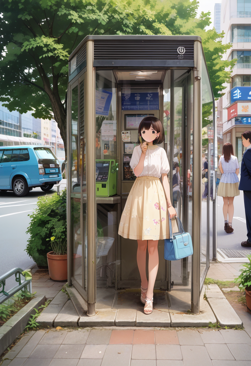 score_9, score_8_up, score_7_up, rating_safe, masterpiece, best quality, absurdres, unity 8k wallpaper, official art, official style, source_anime, uncensored, game cg, megami magazine,
telephone box, tree, motor vehicle, outdoors, multiple girls, bag, multiple boys, day, car, building, real world location, holding, phone, city, short hair, handbag, black hair, scenery, shirt, brown hair, skirt
 <lora:DenwaBoxJP_PONY_V1:1>