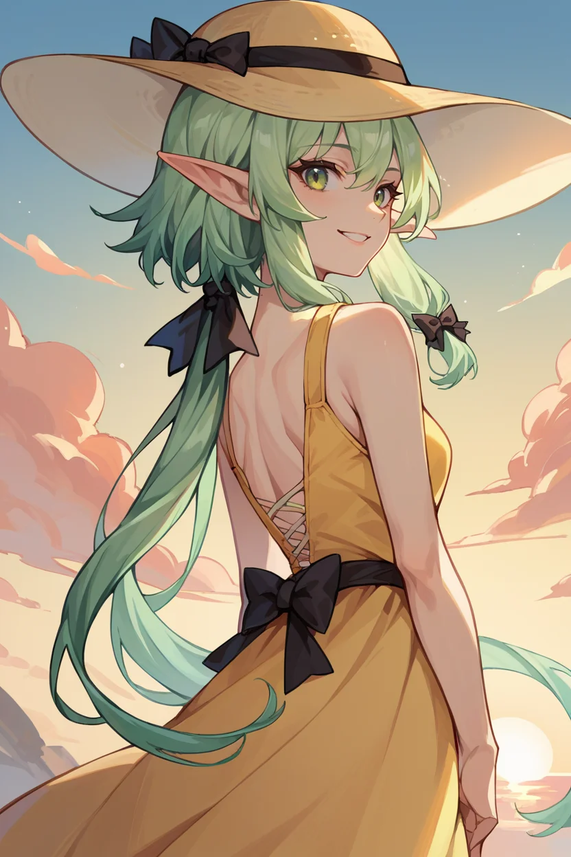 score_9, score_8_up, score_7_up, score_6_up, source_anime, 1girl, <lora:gself-pdxl-nvwls-v1-000005:1> gself, pointy ears, green hair, sidelocks, ponytail, black bow, from behind, yellow sundress, sunset, sun hat, looking back, looking at you, smile