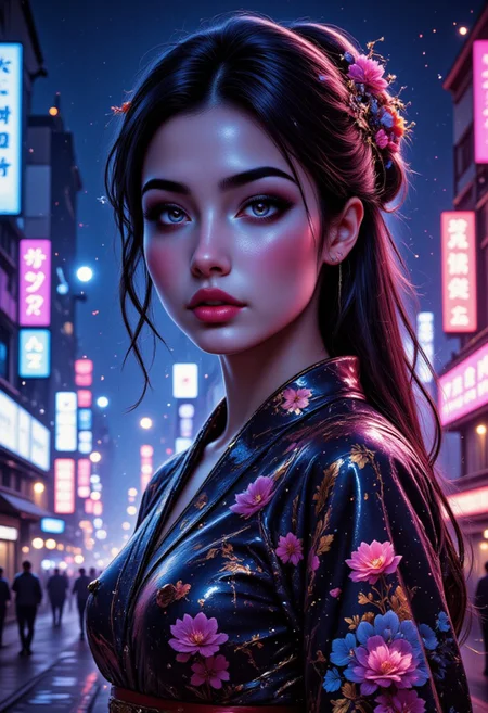 score_9, score_8_up, score_7_up, realistic, petite, (big beautiful eyes:1.2), gorgeous girl, slim body, small perky breast, 8K, Masterpiece, best quality, 1 girl, 25 years, solo,epic portrait. Cyber Geisha Neon Kimono, Double Exposure of Shibuya at Night, Botanical Garden, Bioluminescent snow, Abstract Neon Pattern, Glowing snow, Stunning Girl, Light on Face, Glitch Art, Vibrant Colors, Cinematic Color Gradation, Surreal Lighting, Cinematic Depth, Neon Hair , long wavy hair, cybernetic galaxy eyes simple background, dark background, Dutch angle, full body, ark theme,
Midjourney style, Anke, black light paint, blp, Magic style, mad-cyberspace, BMStyle, Jedwtrexp, watercolor, from side
