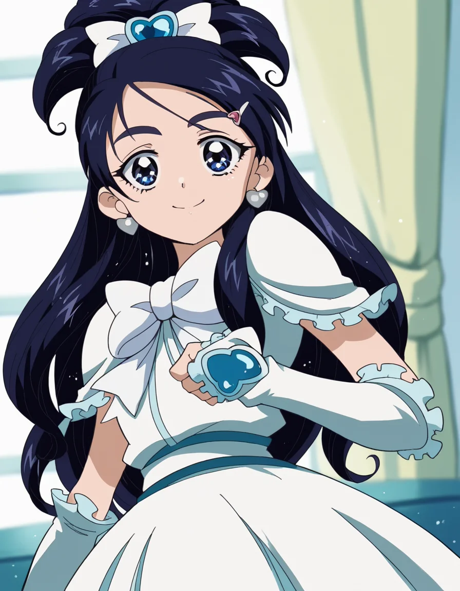 score_9, score_8_up, score_7_up, source_anime, <lora:honoka-yukishiro-anime-ponyxl-lora-nochekaiser:1>, honoka yukishiro, long hair, blue eyes, hair ornament, blue hair, hairclip,, dress, jewelry, earrings, magical girl, half updo, cure white, frills, bowtie, white bowtie, gloves,, indoors, smile, looking at viewer, solo,, cowboy shot, dutch angle
