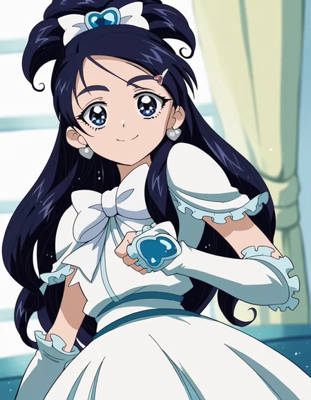 score_9, score_8_up, score_7_up, source_anime, <lora:honoka-yukishiro-anime-ponyxl-lora-nochekaiser:1>, honoka yukishiro, long hair, blue eyes, hair ornament, blue hair, hairclip,, dress, jewelry, earrings, magical girl, half updo, cure white, frills, bowtie, white bowtie, gloves,, indoors, smile, looking at viewer, solo,, cowboy shot, dutch angle