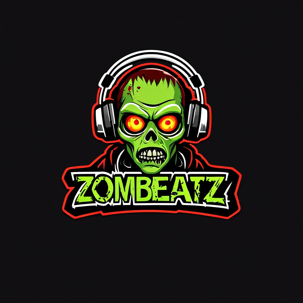 logomkrdsxl,an edgy logo of a zombie with headphones , vector, text "ZomBeatz", <lora:logomkrdsxl:1>, best quality, masterpiece, horror, brand, dark background, green skin, glowing red eyes,