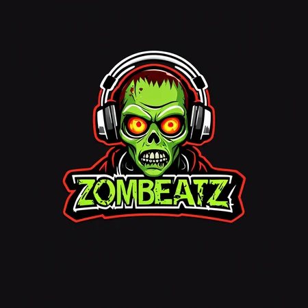 logomkrdsxl,an edgy logo of a zombie with headphones , vector, text "ZomBeatz", <lora:logomkrdsxl:1>, best quality, masterpiece, horror, brand, dark background, green skin, glowing red eyes,
