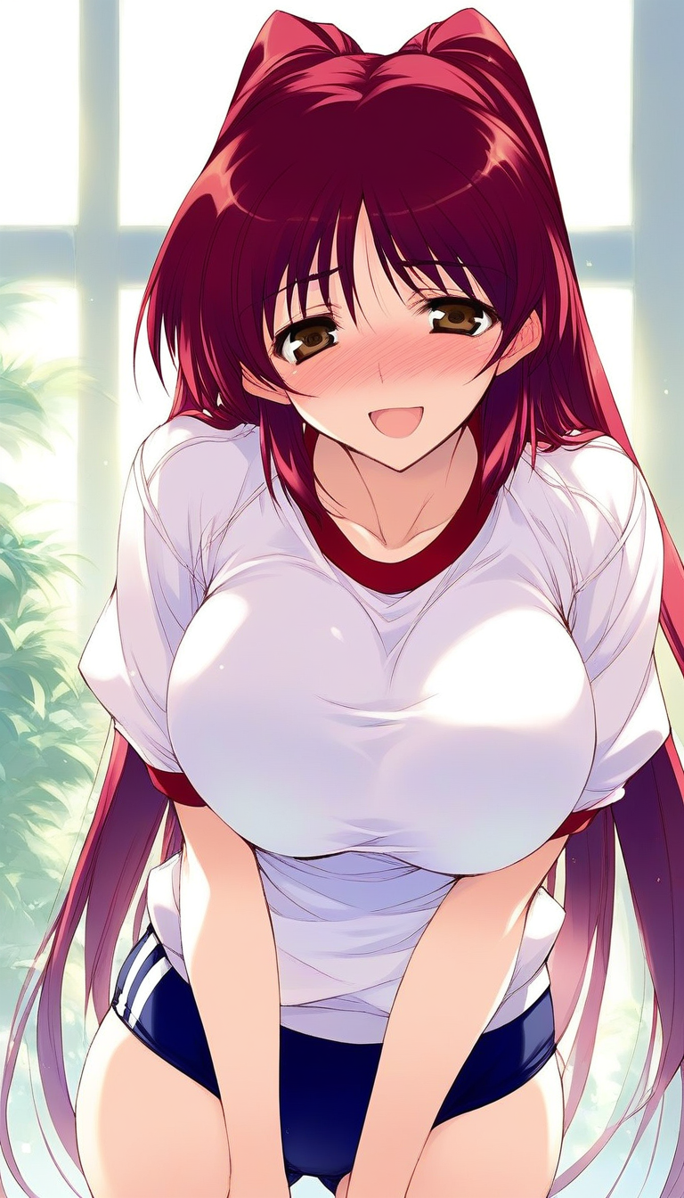 score_9, score_8_up, score_7_up, source_anime, rating_explicit, BREAK <lora:Kousaka_Tamaki_XL:1> KousakaTamaki, red hair, long hair, brown eyes, large breasts,
dark blue buruma, blush, white gym uniform, open mouth, cowboy Shot, serious smile,
full-face blush, sad,
open mouth,