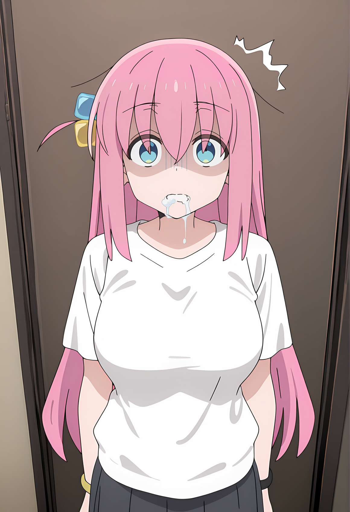 amazing quality,very aesthetic,absurdres,best quality,newest,masterpiece,4k resolution, absurdres, highres, detailed background,  
 <lora:foaming_at_the_mouth_IL:1> foaming at the mouth, 1girl, exhausted, surprised, shaded face, standing, large breasts, <lora:Bocchi:1> Bocchi, cube hair ornament, pink hair, long hair,, hair between eyes,bangs, sidelocks, drooling,