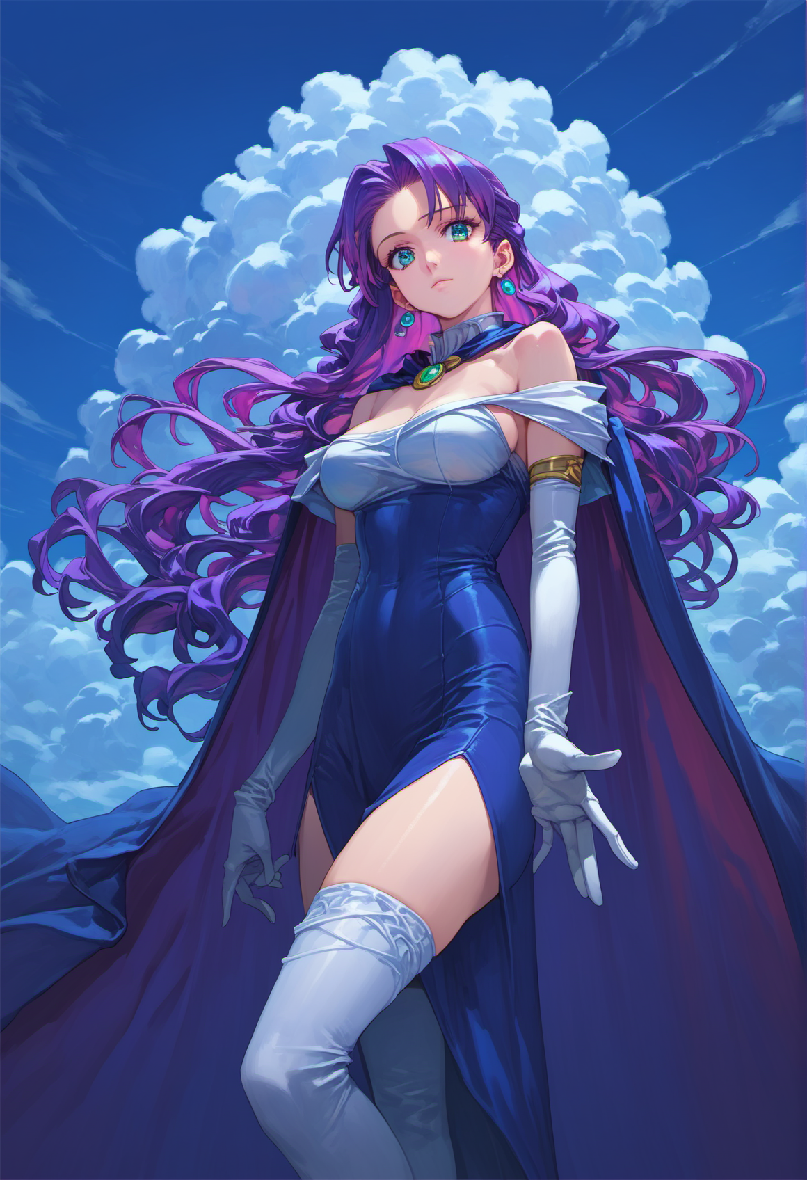 score_9, score_8_up, score_7_up, score_6_up,
yurihiro kajimoto, 1990s \(style\), 
1girl, celine_jules, 1girl, bare_shoulders, cape, dress, earrings, elbow_gloves, gloves, high_heels, jewelry, large_breasts, long_hair, purple_hair, thighhighs, white_gloves, zettai_ryouiki, beautiful detailed eyes, very aesthetic,
upper body, (close-up:1.4), cowboy shot, clouds,
<lora:yukihiro_kajimoto_so2r_pony:0.8>
<lora:IOS_Iridescent_opal_style:0.8>