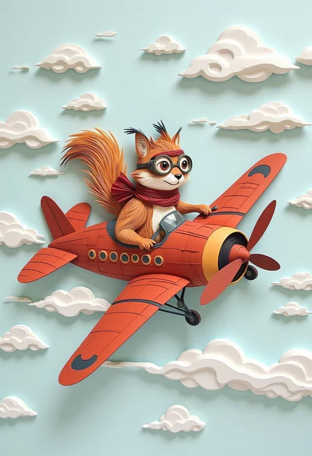 paper quilling, layered paper, artwork of a squirrel flying a vintage airplane through a cloudy sky, with goggles and a scarf, capturing the adventurous and playful spirit of flight.