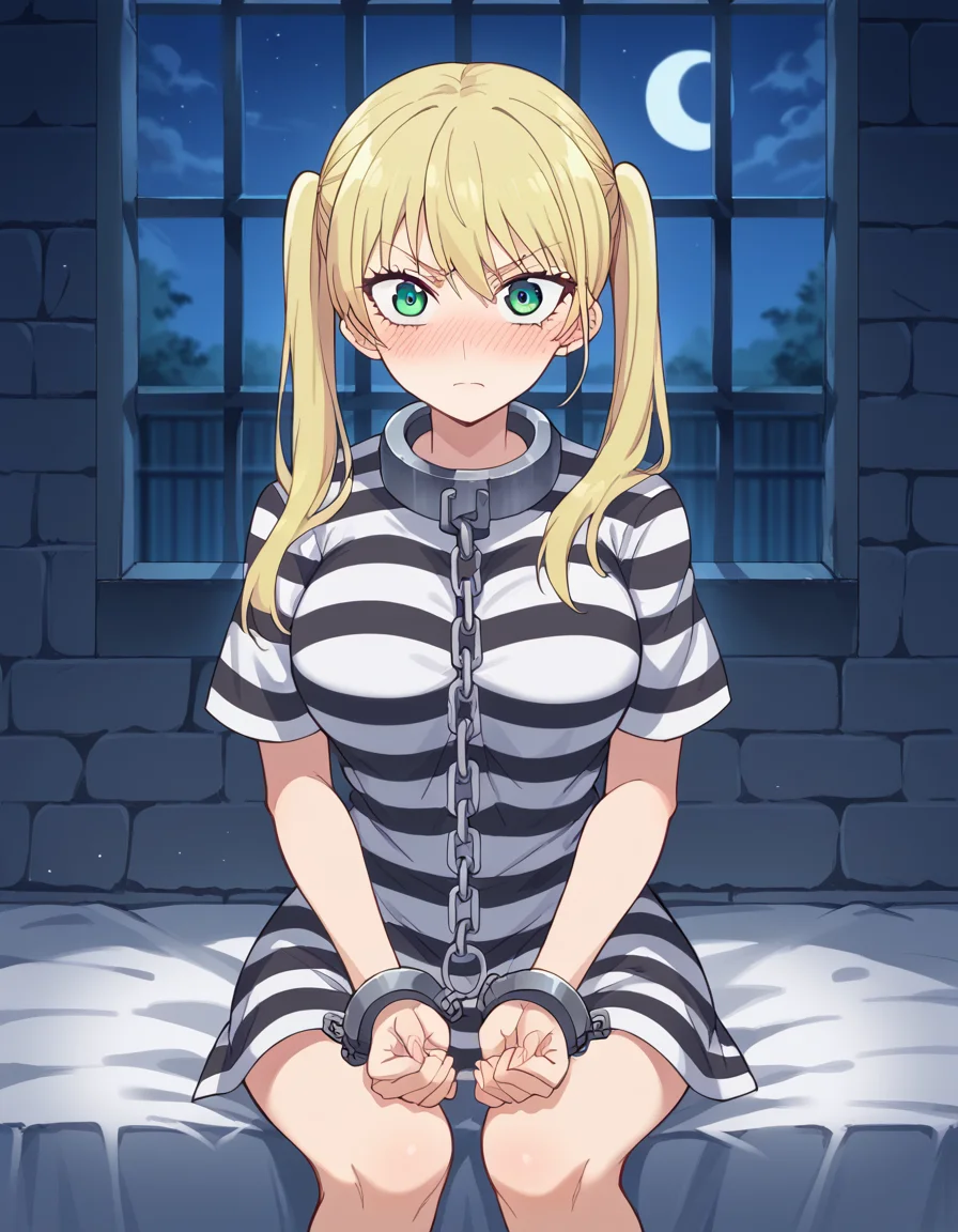score_9, score_8_up, score_7_up, source_anime, <lora:rika-hoshizaki-s2-ponyxl-lora-nochekaiser:1>, rika hoshizaki, green eyes, blonde hair, twintails, large breasts,, <lora:prison-clothes-ponyxl-lora-nochekaiser:1> prison clothes, prisoner, prison cell, prison, striped shirt, shackles, handcuffs, chain,, sitting, on bed, looking at viewer, blush, night, moon, moonlight, night sky, window, three quarter view, cowboy shot,