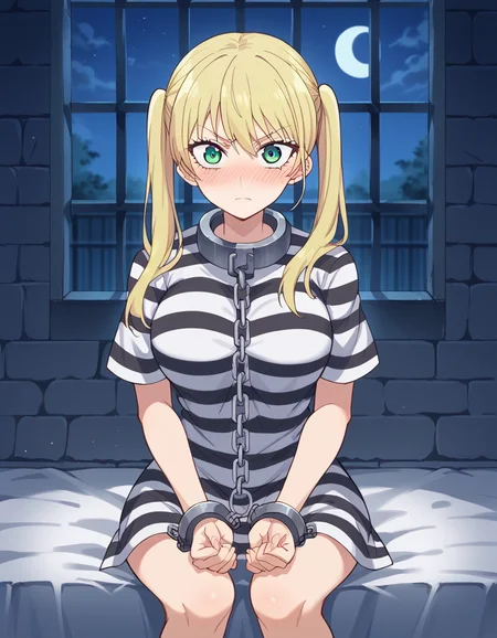 score_9, score_8_up, score_7_up, source_anime, <lora:rika-hoshizaki-s2-ponyxl-lora-nochekaiser:1>, rika hoshizaki, green eyes, blonde hair, twintails, large breasts,, <lora:prison-clothes-ponyxl-lora-nochekaiser:1> prison clothes, prisoner, prison cell, prison, striped shirt, shackles, handcuffs, chain,, sitting, on bed, looking at viewer, blush, night, moon, moonlight, night sky, window, three quarter view, cowboy shot,