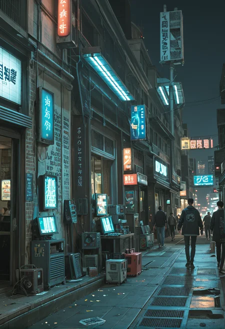 ,ruanyi0779,science fiction,neon lights,street,cityscape,people,crowd,<lora:0779 science fiction world_v1_pony:1>, score_9,score_8_up,score_7_up,,8k,1girl,solo,