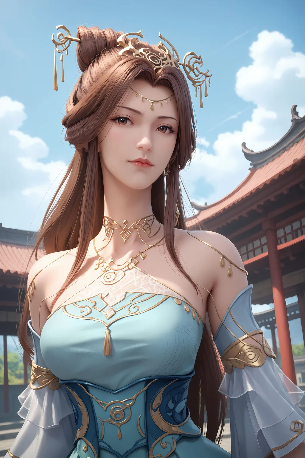 score_9, score_8_up, score_8, source_real,real skin, rating_explicit, ExpresiveH, best quality, unreal engine,game,cg, very aesthetic, CG, masterpiece, ultra high res, highres, More Details, high rating,Intricate and refined delicate details,  looking at viewer,
<lora:age_slider_v4:4>,
<lora:sulingyun:1>, 1girl, solo, long hair, dress, brown hair, hair ornament, upper body, detached sleeves, necklace,  bracelet, blue dress, jewelry, hair bun, bare shoulders, closed mouth, blue sky, sky, outdoors, east asian architecture,
