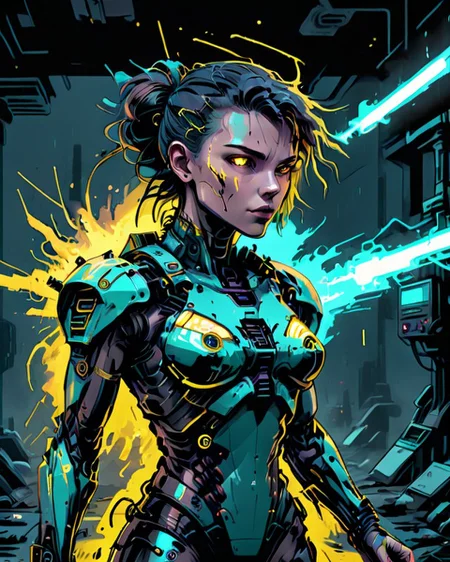 cinematic film still, glowing cyberpunk mecha girl emitting sparks and electricity, dark cyan and yellow, the matrix OverallDetail-SDXL SkinHairDetail-SDXL SkinDetail-SDXL EyeDetail-SDXL