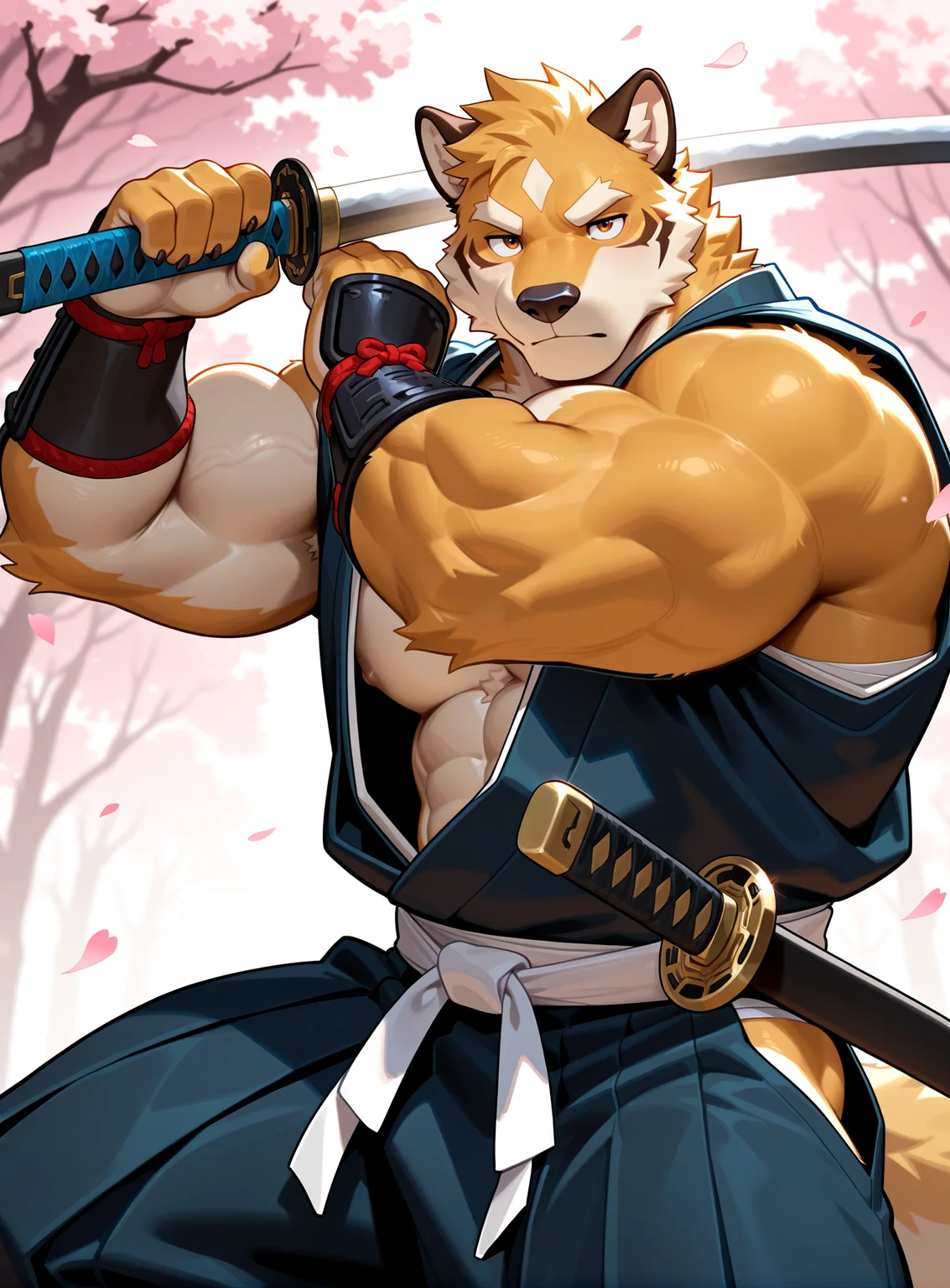 best quality,newest,masterpiece,absurdres,highres,safe,male furry,bara,Muscles,perfect anatomy,smooth,huge biceps,sexy,handsome,solo,Japanese clothes,(kimono),
Ronin,samurai,Chodachi,cherry blossoms,(long sword),Iai slash,firm eyes,falling cherry blossoms,flying cherry blossom petals,loot at you,Ronin clothes,attack stance,5finger,claw,blade,Golden fur,straight sword,tan fur,scabbard,draw sword,