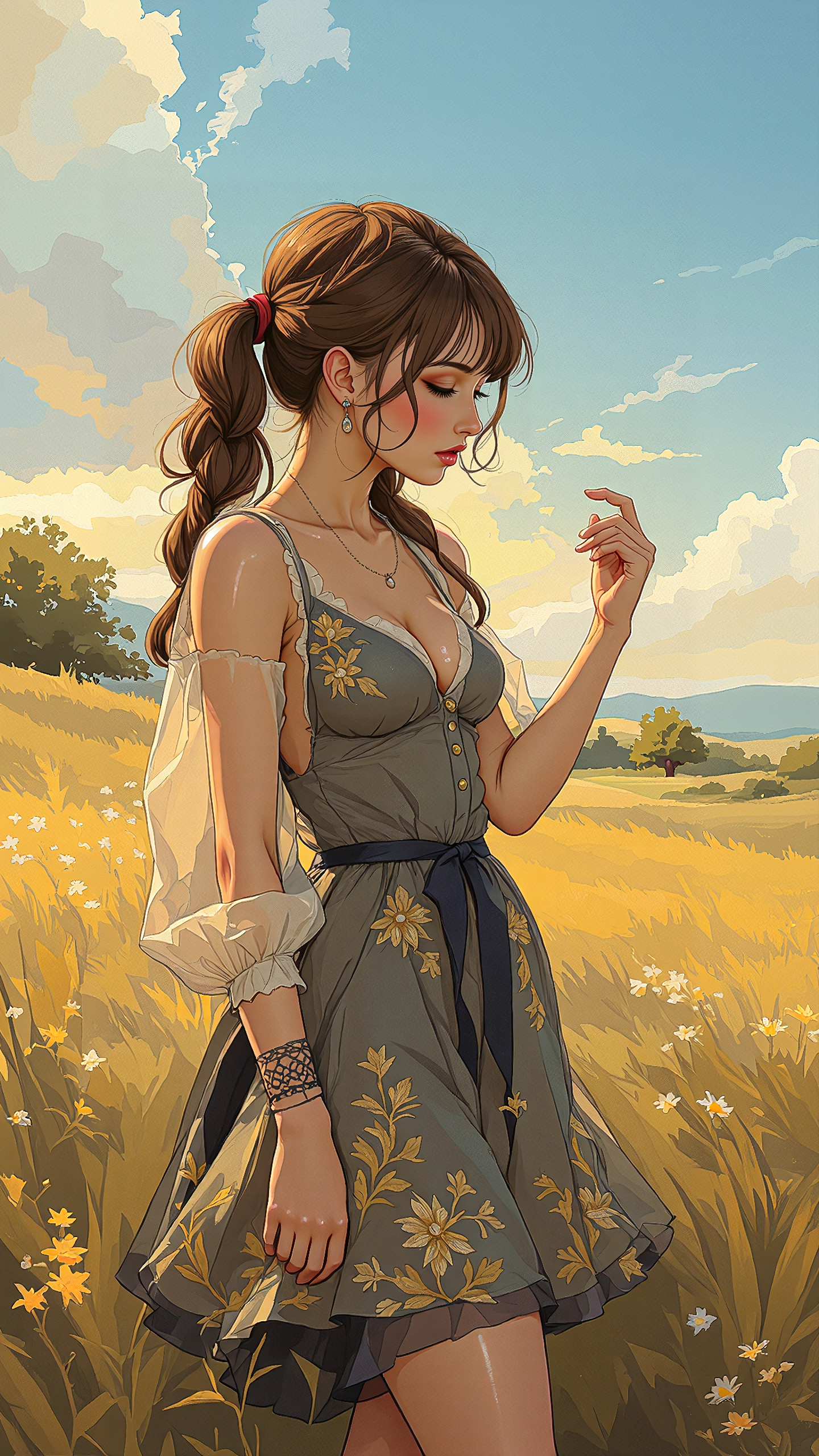 aidmafluxproultra, A high-quality, whimsical digital artwork in the style of pinksoftcoreanime, drmSTRX,High-resolution anime-style illustration with impressionistic influences of a young woman standing in a sunlit meadow, a gentle breeze rippling through her outfit. Her chestnut-brown hair is styled into intricate braided twintails, delicate ribbons woven throughout, catching the light. She wears a layered, asymmetrical dress with a sheer outer layer embroidered with golden floral patterns, cinched at the waist with a silk sash that drapes elegantly down her side. Billowing sleeves with lace cuffs add movement as she lifts one hand slightly, feeling the wind on her fingertips. Around her, wildflowers sway, and a distant tree line blends into warm golden hues under a vast blue sky painted with soft, textured brushstrokes. Smooth anime shading merges with expressive, impressionistic strokes, enhancing the dreamy, serene atmosphere <lora:aidmaFluxProUltra-FLUX-v0.1:0.3> <lora:PinkieSoftcoreAnimeFLUX:0.8> <lora:drmSTRXv1:1.0>