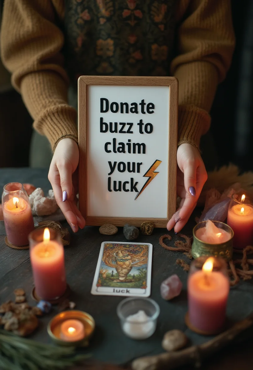 A board with on top with text saying "Donate buzz to claim your luck" and thunder emoji , tarot reading with a magical card in the middle of the table, the card luck symbol on the table, the card has text saying "luck", woman hands, cands, crystals