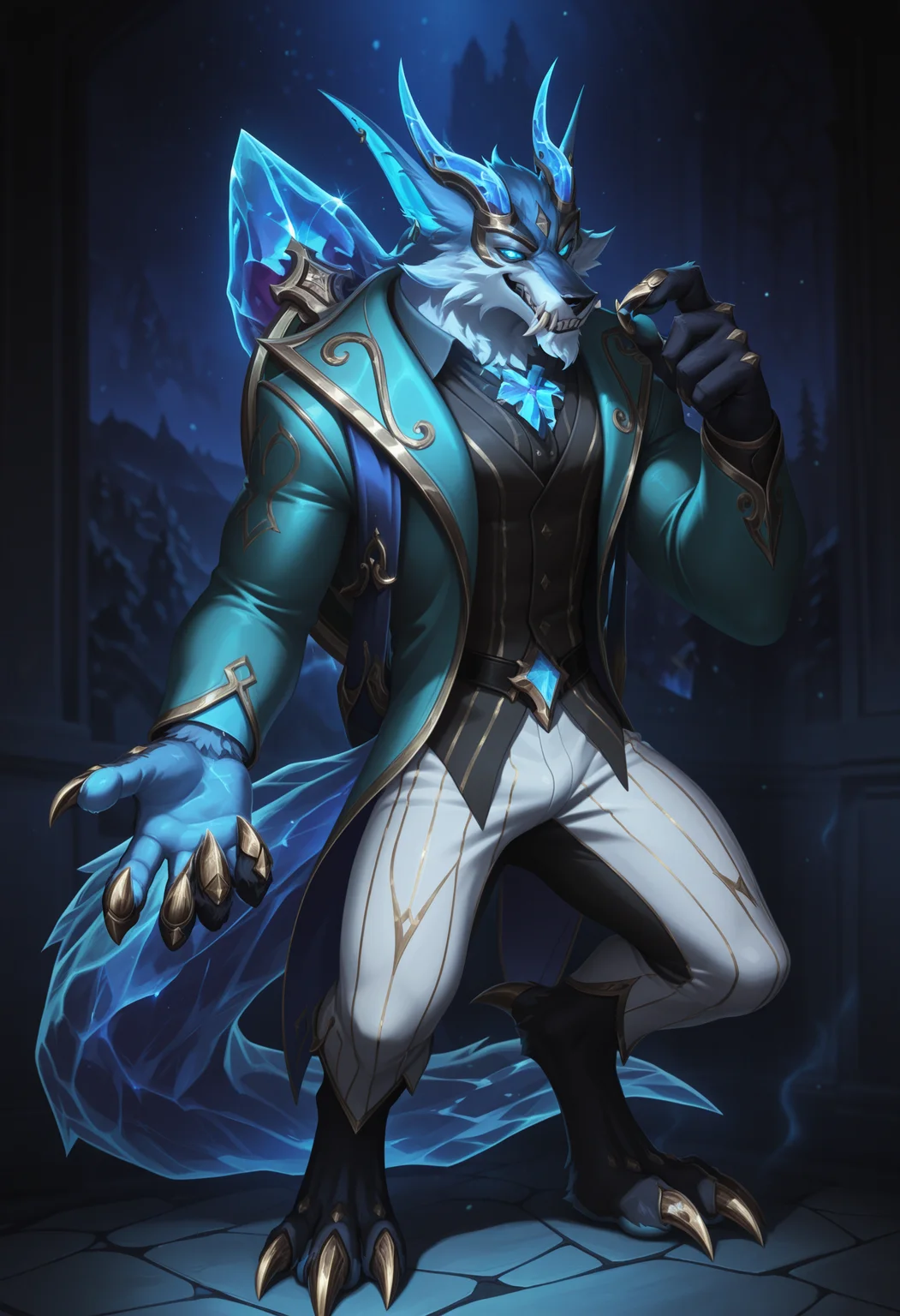 masterpiece, best quality, amazing quality, solo, 1boy, PWWarwick, suit, pants, crystal on back, tail, claws